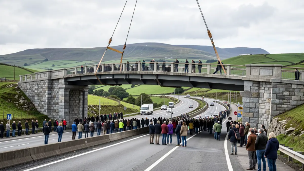 Imaxe xenérica de construción dunha ponte sobre unha estrada en Galicia.