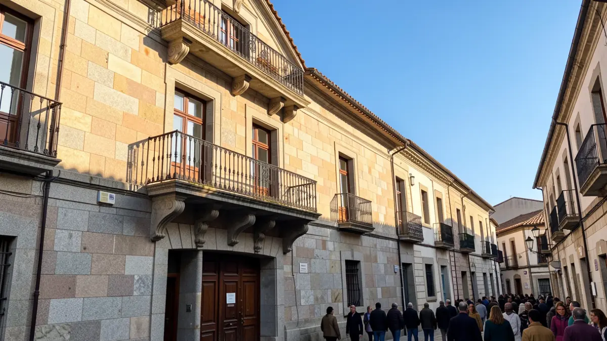 Imaxe xenérica dun concello galego de granito con balcón ornamentado.