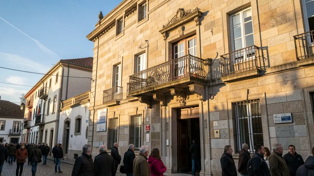 Imaxe xenérica dun concello galego de granito con balcón ornamentado.