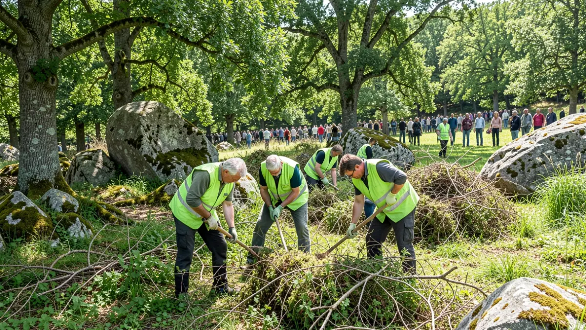 Traballadores forestais realizando tarefas de limpeza e xestión de biomasa nun monte galego.