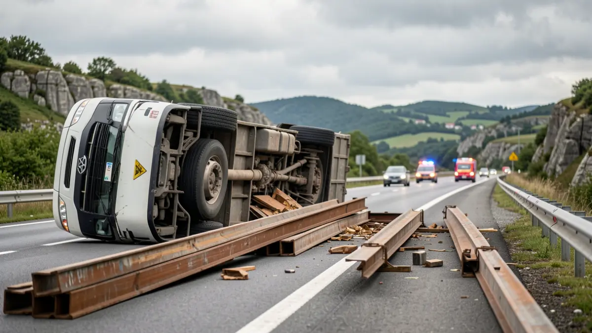 Camión volcado con carga de vigas esparcidas en una carretera gallega.