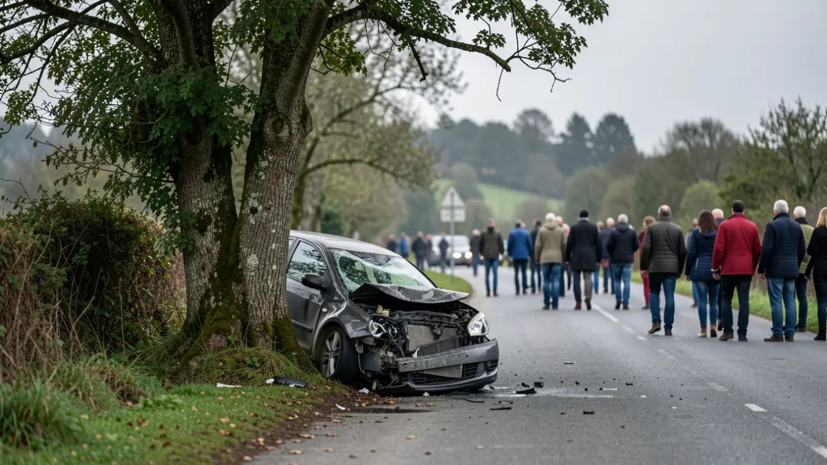 Imagen de un coche accidentado contra un árbol en una carretera rural de Galicia, con cielo nublado.