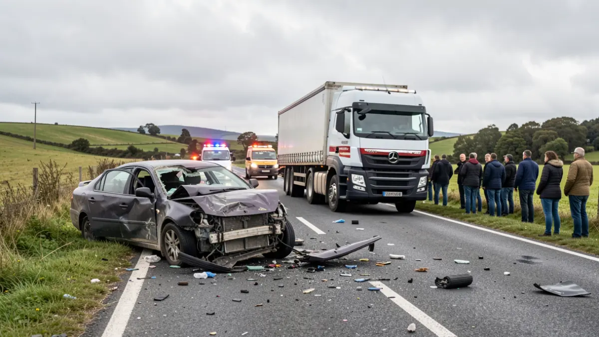 Imaxe dun coche e un camión accidentados nunha estrada galega con luces de emerxencia.