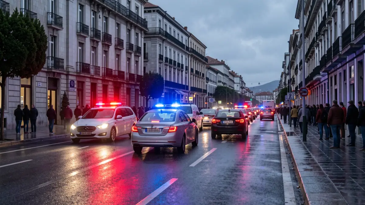 Imaxe xenérica de retención de tráfico e luces de emerxencia nunha rúa de Vigo.