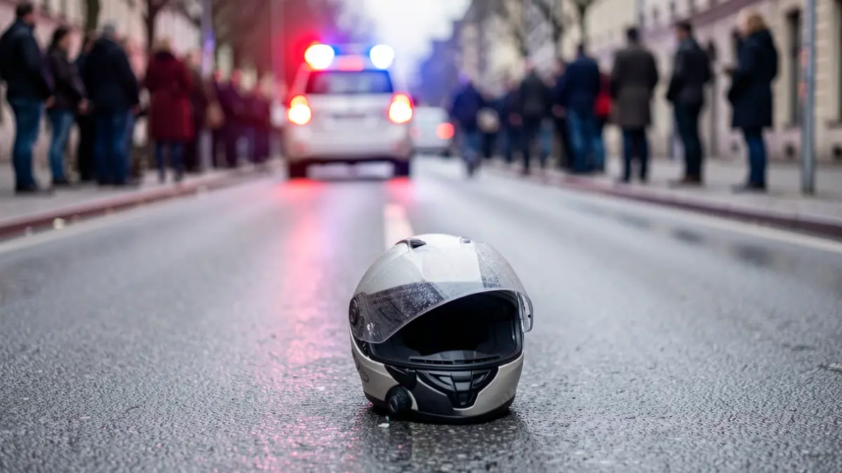 Imaxe xenérica dun casco de motociclista sobre asfalto mollado con luces de emerxencia borrosas.