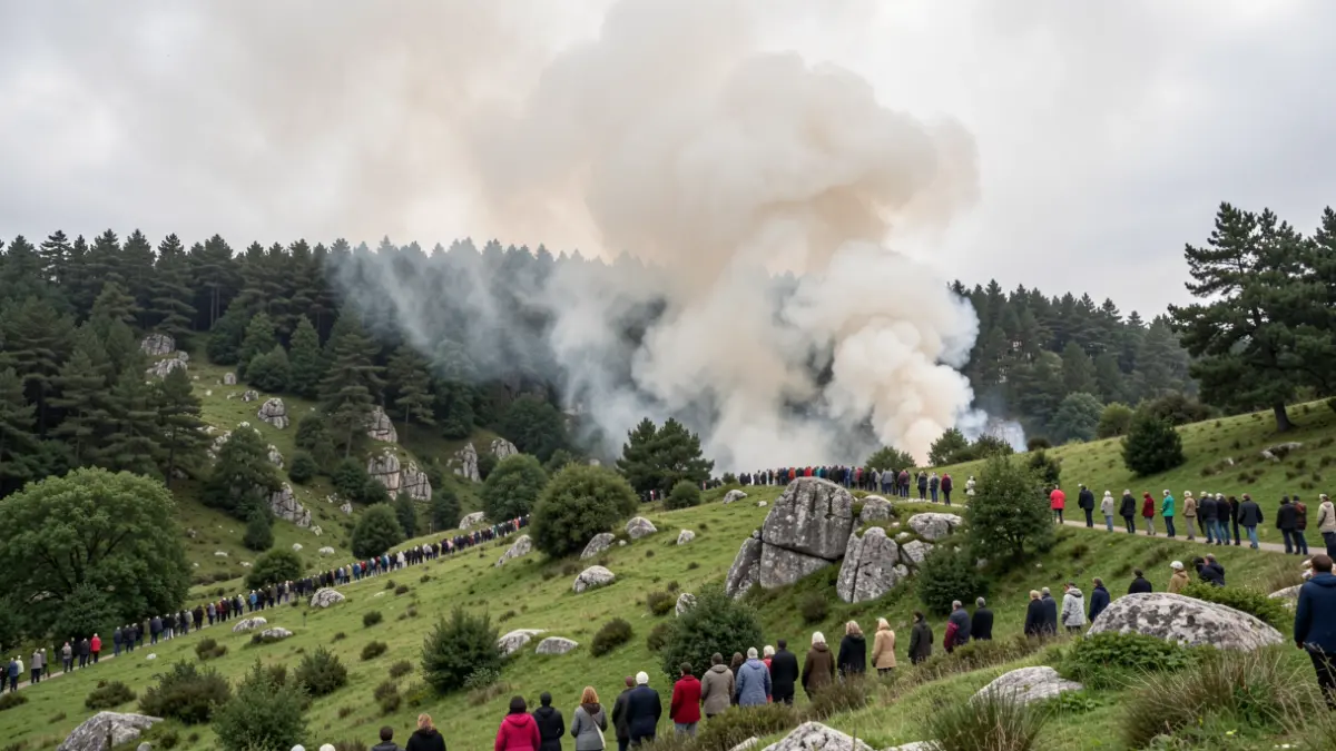 Imaxe xenérica dun incendio forestal con fume sobre unha ladeira verde galega.