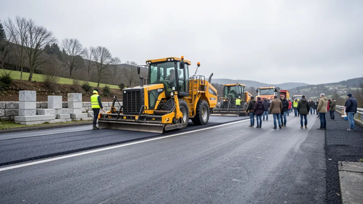 Imagen genérica de obras de construcción de carreteras en Galicia con maquinaria y elementos de granito.