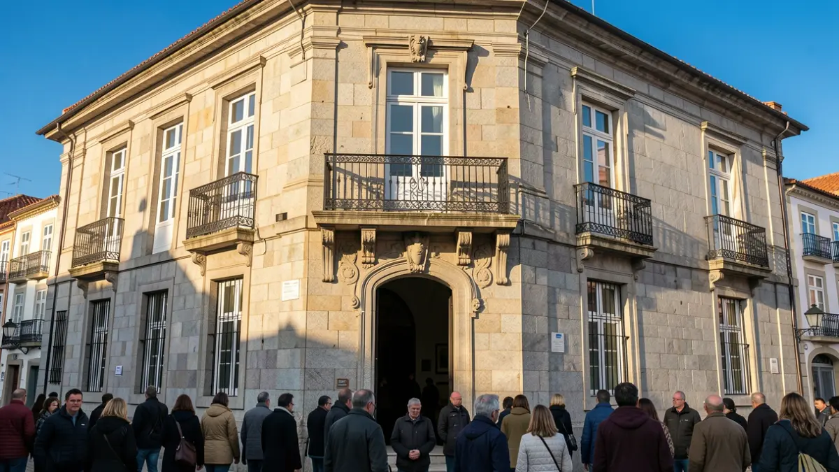 Fachada dun concello de granito na Coruña, con balcón ornamentado e reixas de ferro. Luz solar cálida da tarde proxecta sombras nas paredes de arenito. Ceo azul.