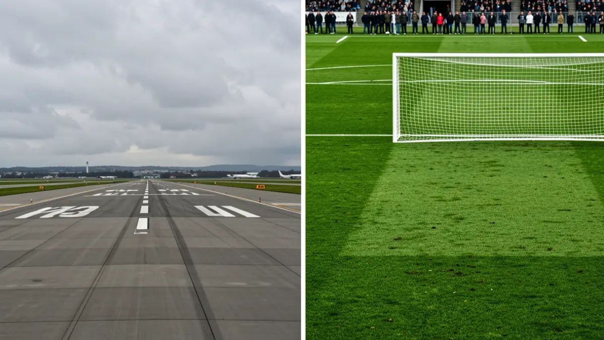 Imaxe dividida dunha pista de aeroporto e un campo de fútbol.