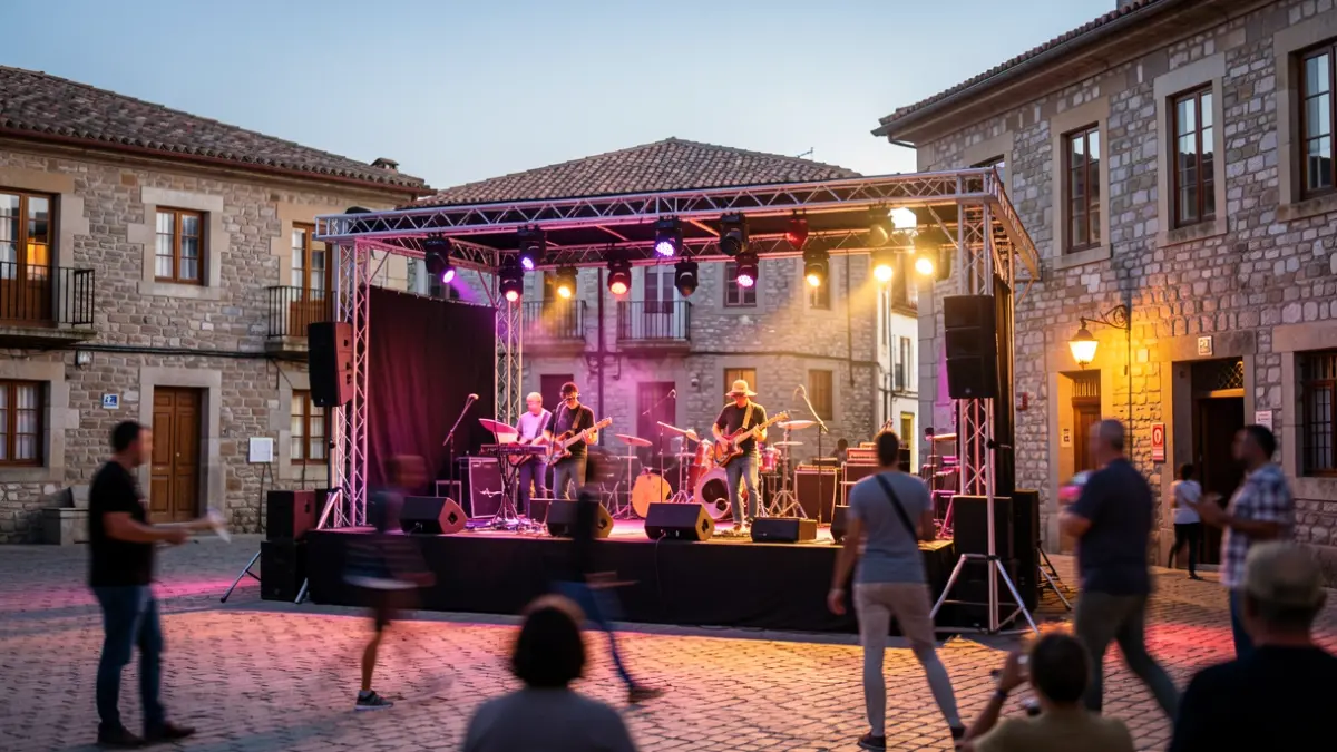 Imaxe dun concerto ao aire libre nunha praza dun concello galego ao anoitecer.