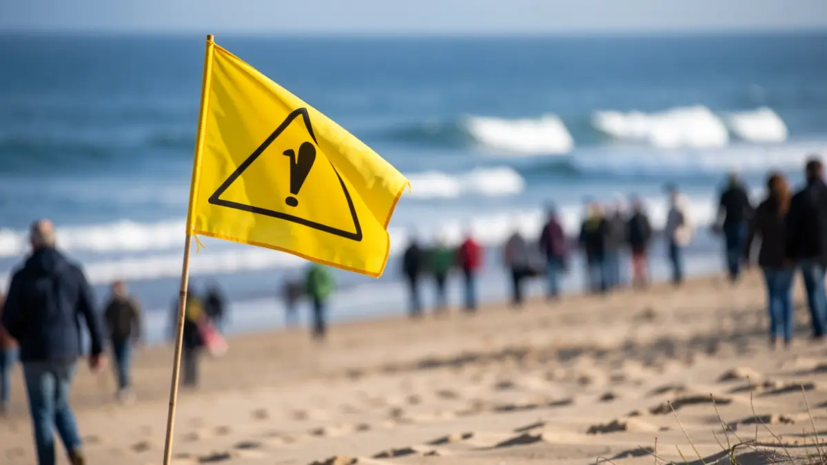 Imaxe xenérica dunha bandeira amarela de precaución nunha praia galega.