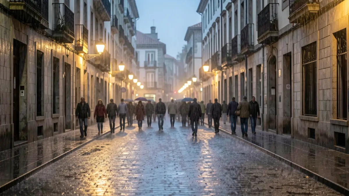 Imaxe xenérica de choiva intensa nunha rúa galega mollada ao anoitecer.