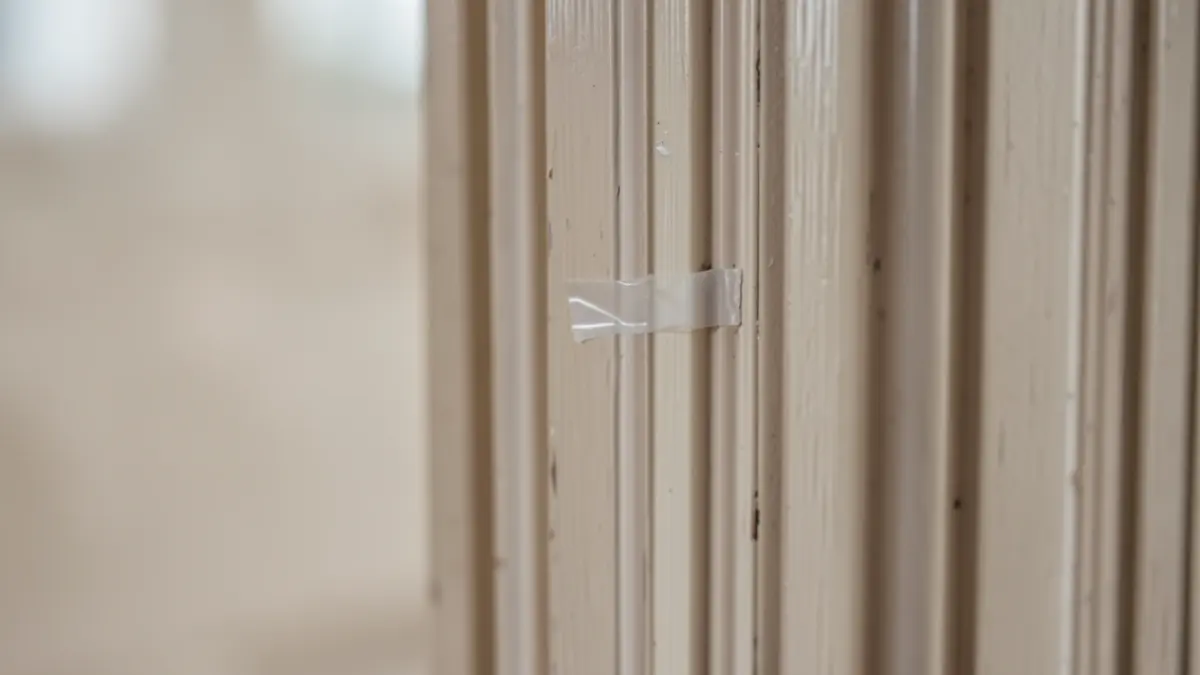 Primer plano de una puerta con marcas de seguridad, detalle de una fina tira de plástico.