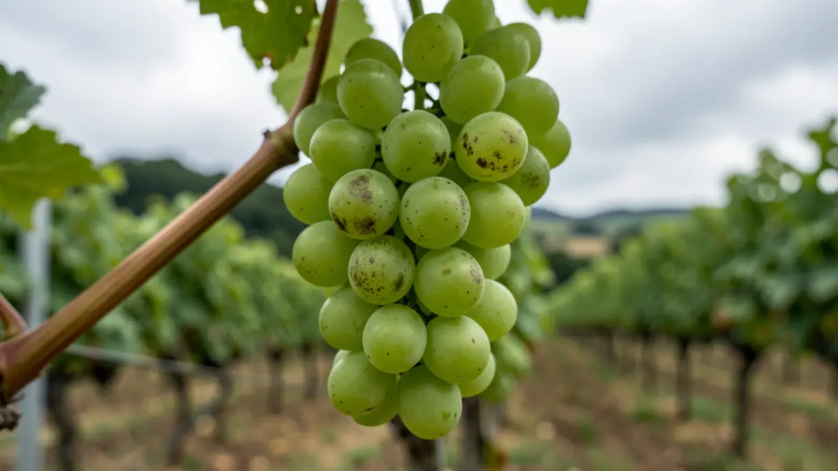 Imagen genérica de uvas con síntomas de enfermedad en una viña gallega.
