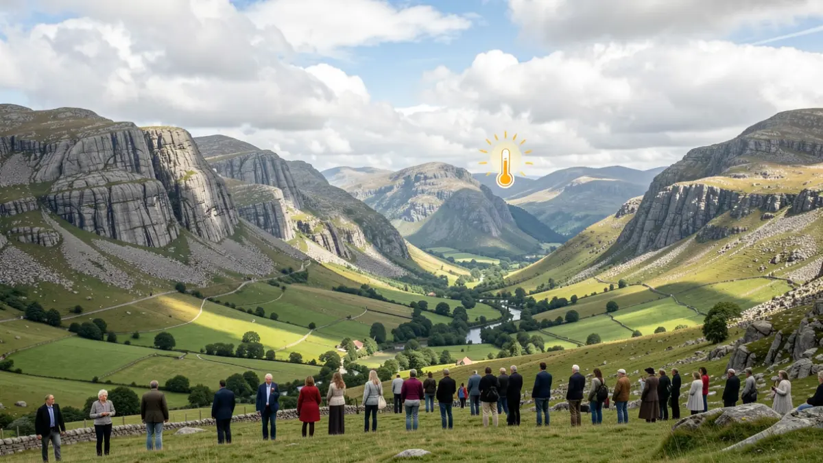 Imagen genérica de un paisaje gallego con montañas de granito y valles verdes bajo un cielo parcialmente nublado, con elementos que sugieren alerta meteorológica.