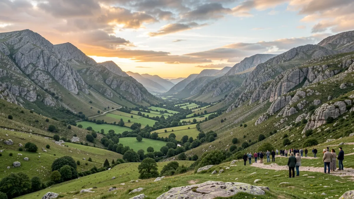 Imaxe xenérica dunha paisaxe galega con montañas de granito e vales verdes baixo un ceo con nubes.