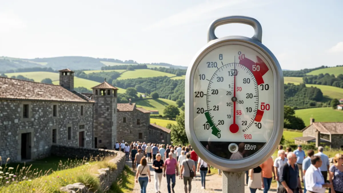 Imaxe xenérica de alerta por calor en Galicia con termómetro e paisaxe.
