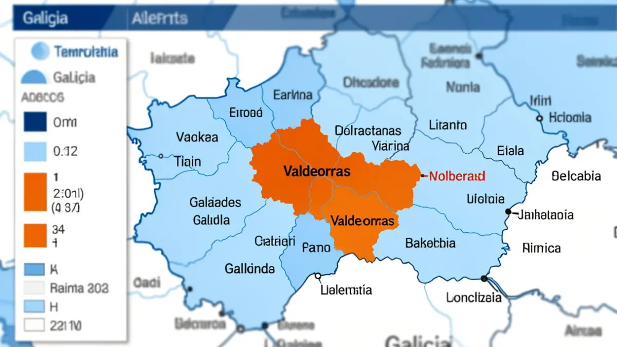 Mapa meteorológico de Galicia con la alerta naranja en la zona de Valdeorras.