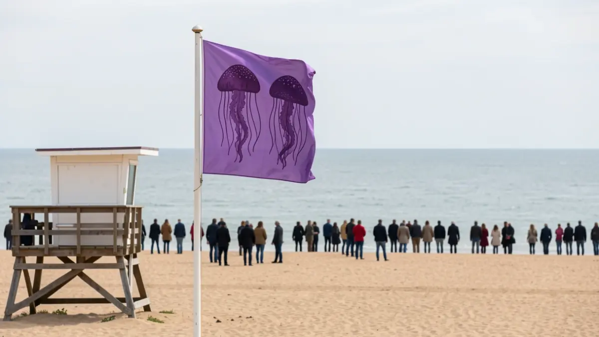 Bandeira lila con medusas izada nun posto de socorrismo en Ferrol.