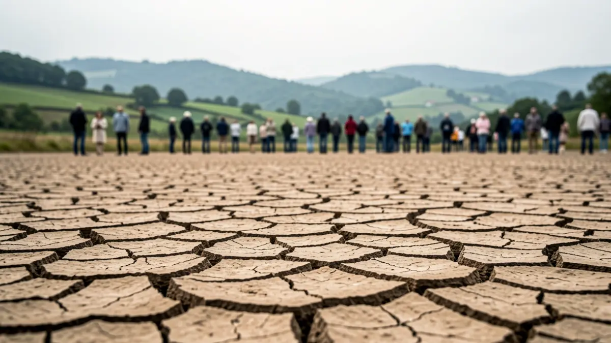 Imaxe xenérica de terra seca e gretada que representa a seca en Galicia, con outeiros verdes difuminados ao fondo baixo un ceo anubrado.