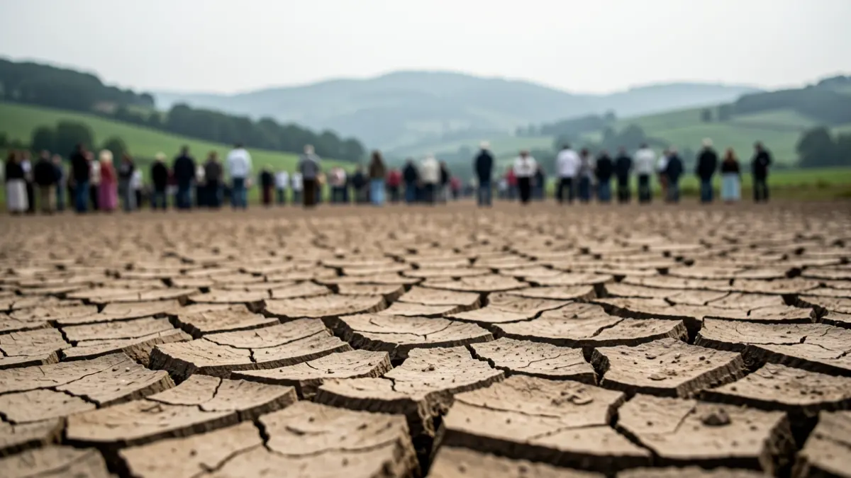 Imaxe xenérica de terra seca e gretada en Galicia, con outas verdes borrosas ao fondo baixo un ceo anubrado.