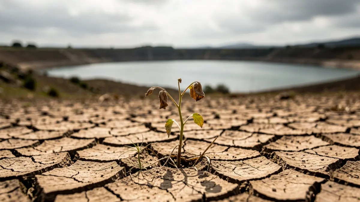 Imaxe xenérica de terra seca e unha planta murcha baixo un sol forte, cun encoro con baixo nivel de auga ao fondo.