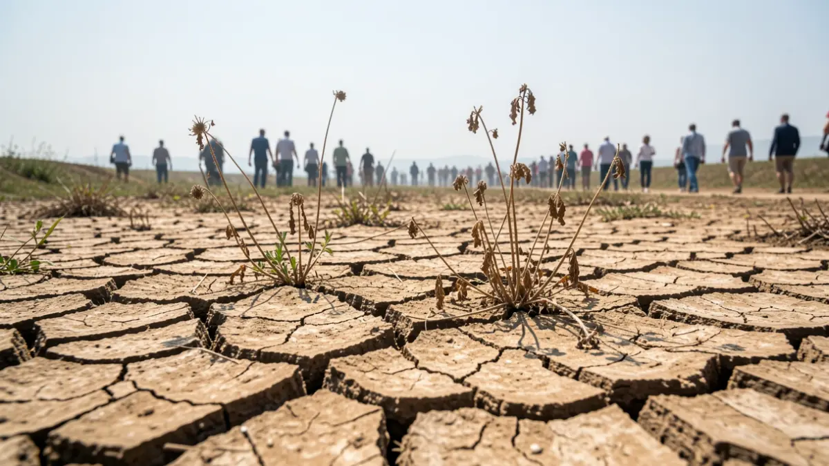 Terra gretada e seca nunha paisaxe galega baixo un ceo despexado e caloroso.