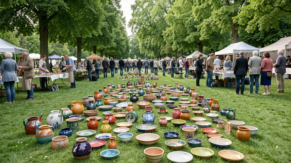 Imagen genérica de una feria de cerámica al aire libre con piezas de colores expuestas en la hierba.