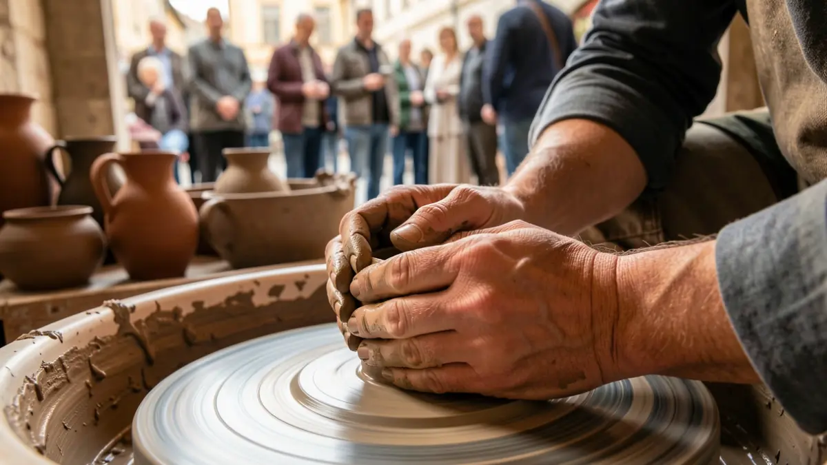 Primer plano de manos moldeando arcilla en un torno de alfarero, con piezas de cerámica tradicionales desenfocadas al fondo.