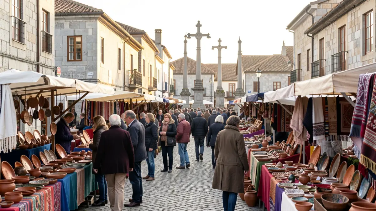 Imaxe dun mercado de artesanía nunha praza histórica de Galicia con postos de cerámica e téxtiles.