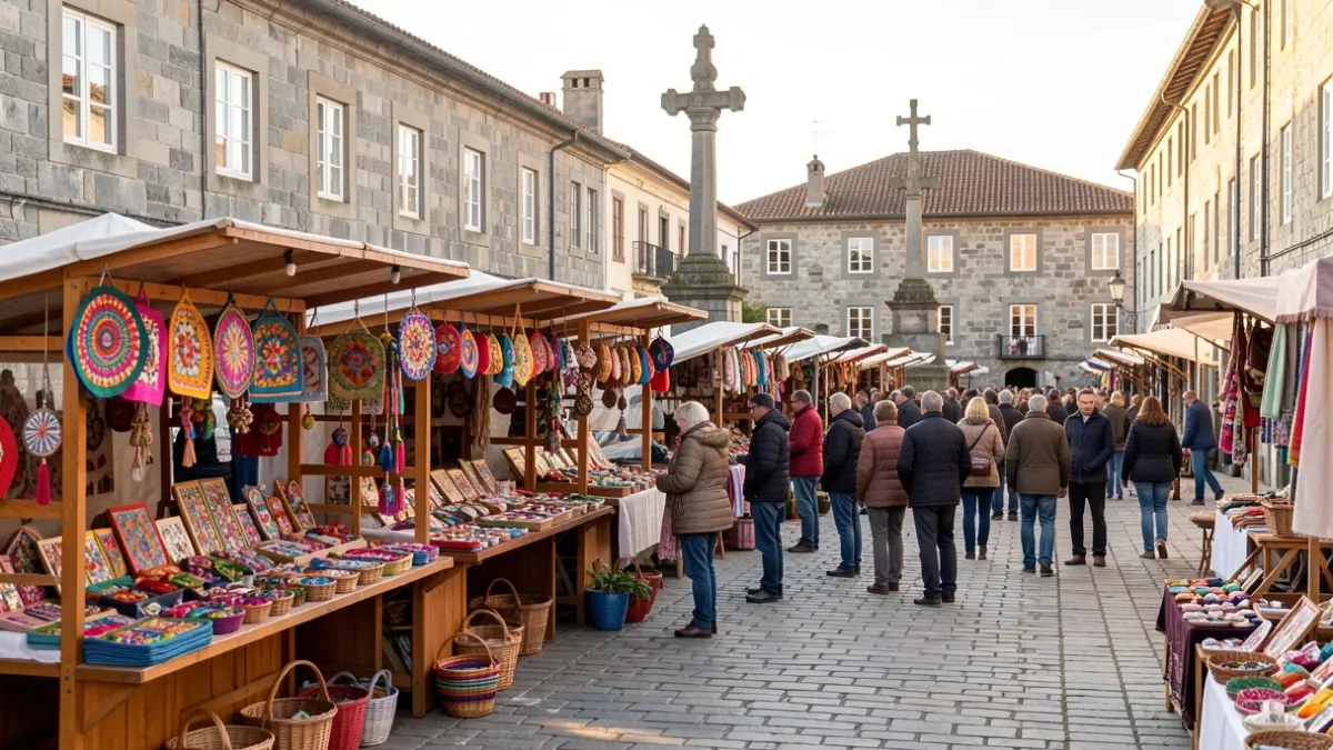 Imaxe dun mercado de artesanía nunha praza histórica de Galicia con postos de produtos feitos a man.