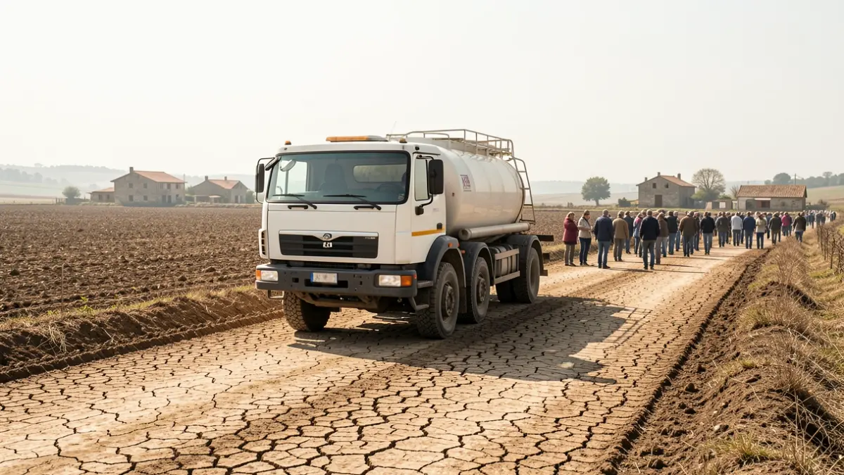 Camión cisterna de agua en una carretera de tierra seca en Galicia.
