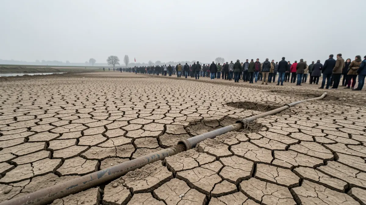 Imagen genérica de lecho de río seco con tubería de agua expuesta, bajo un cielo nublado.