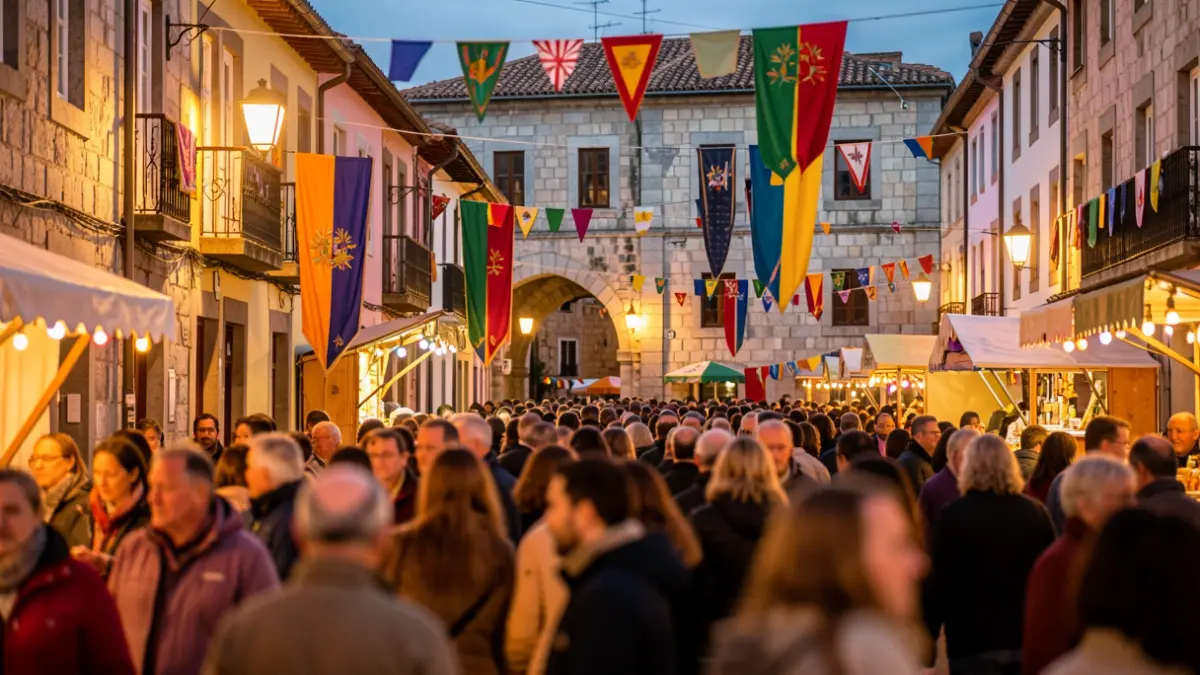 Imagen genérica de fiesta popular en Galicia con gente y arquitectura tradicional.