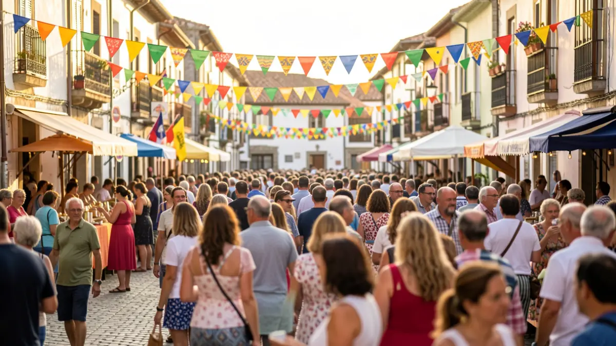 Imagen genérica de una plaza gallega con banderas de fiesta y gente difuminada.