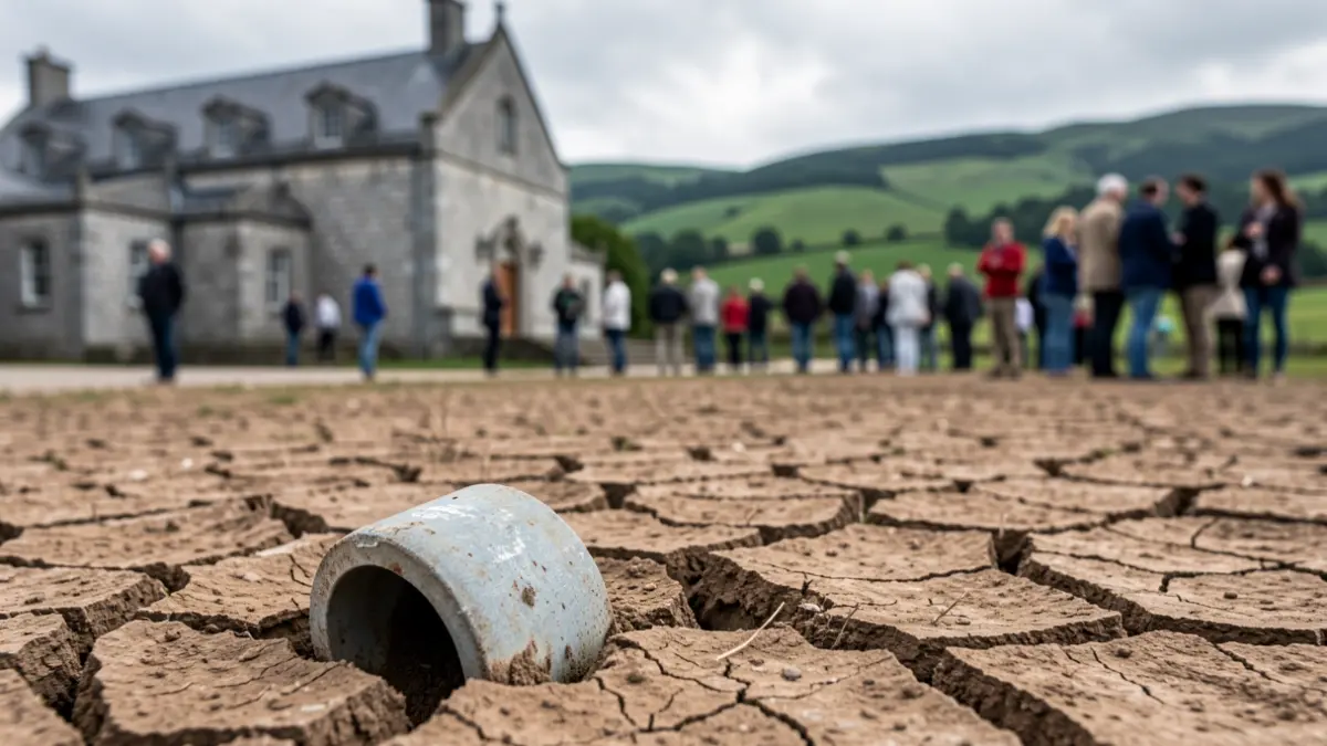Imaxe dunha tubaxe de auga parcialmente descuberta sobre terra seca e gretada, simbolizando a seca en Galicia.