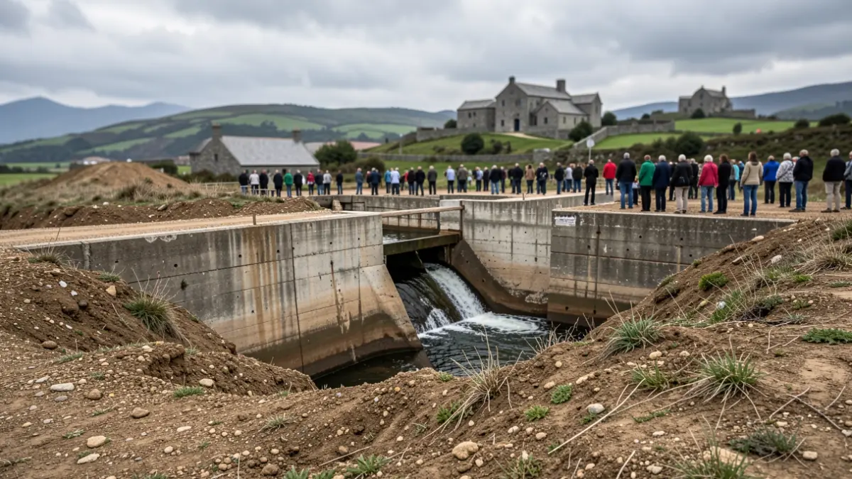 Imaxe xenérica de obras nunha presa con fugas de auga e paisaxe galega nubrada.