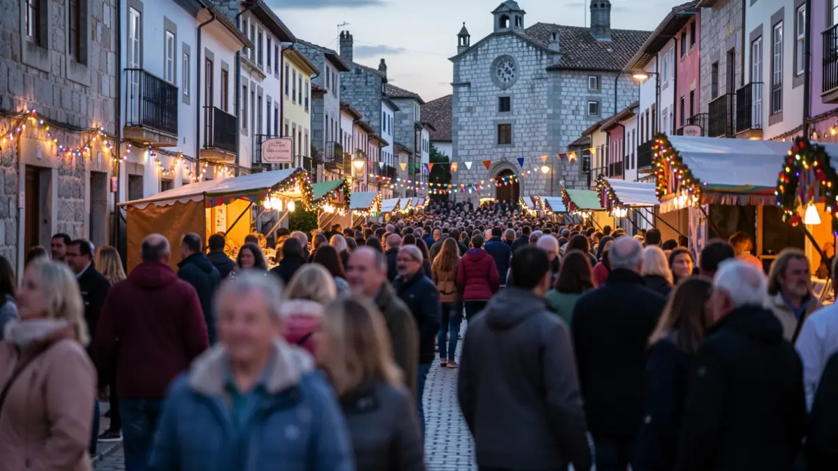 Imaxe xenérica dunha rúa galega con xente e luces durante unha festa.