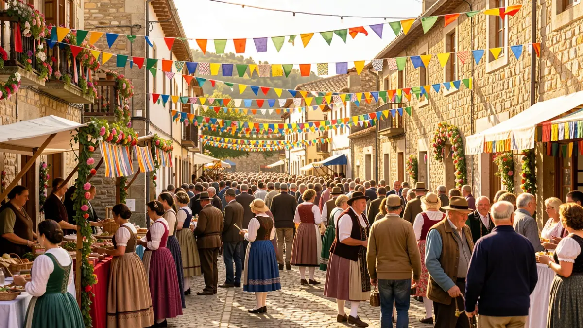 Imaxe xenérica dunha romaría popular galega con decoracións festivas e ambiente de celebración.