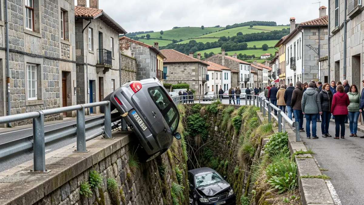 Imaxe dun accidente de tráfico en Cangas onde un coche caeu por un desnivel tras quedar sen freos.