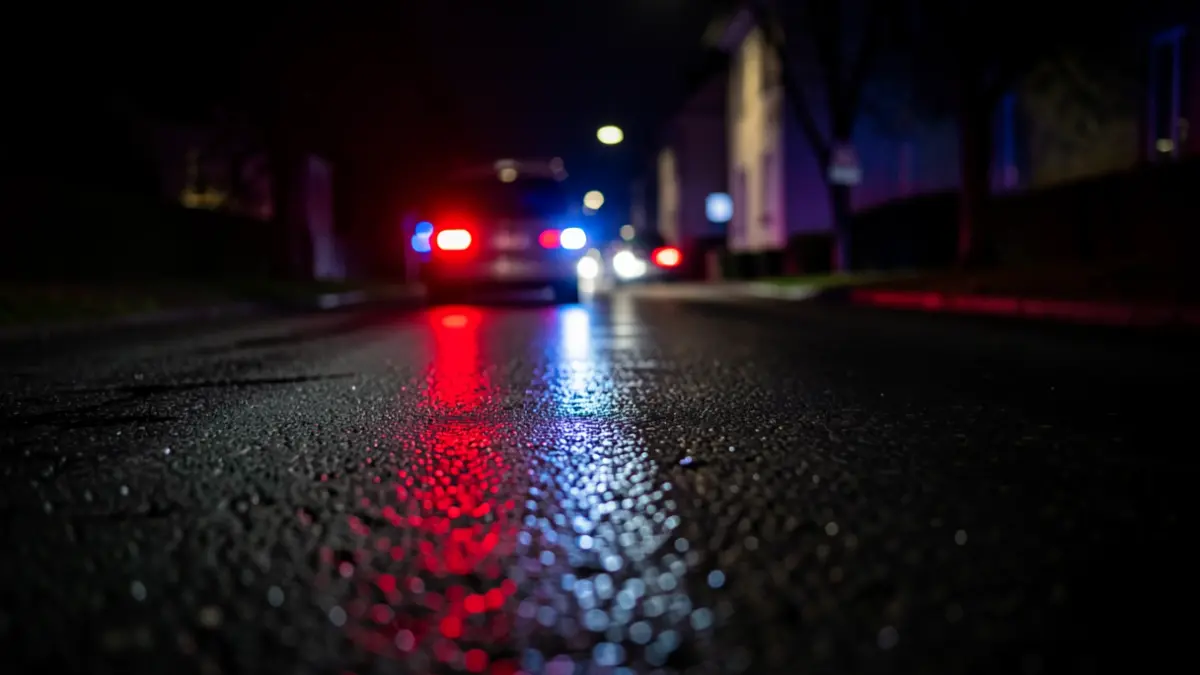 Imagen genérica de luces de emergencia reflejadas en una carretera mojada por la noche.