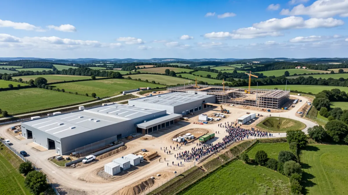 Imaxe aérea dunha moderna nave industrial en construción, rodeada de paisaxe galega.