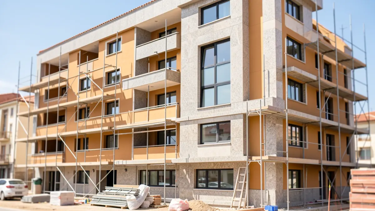 Imaxe dun edificio residencial en construción na rúa Alameda da Coruña, con detalles de granito e tons ocres.