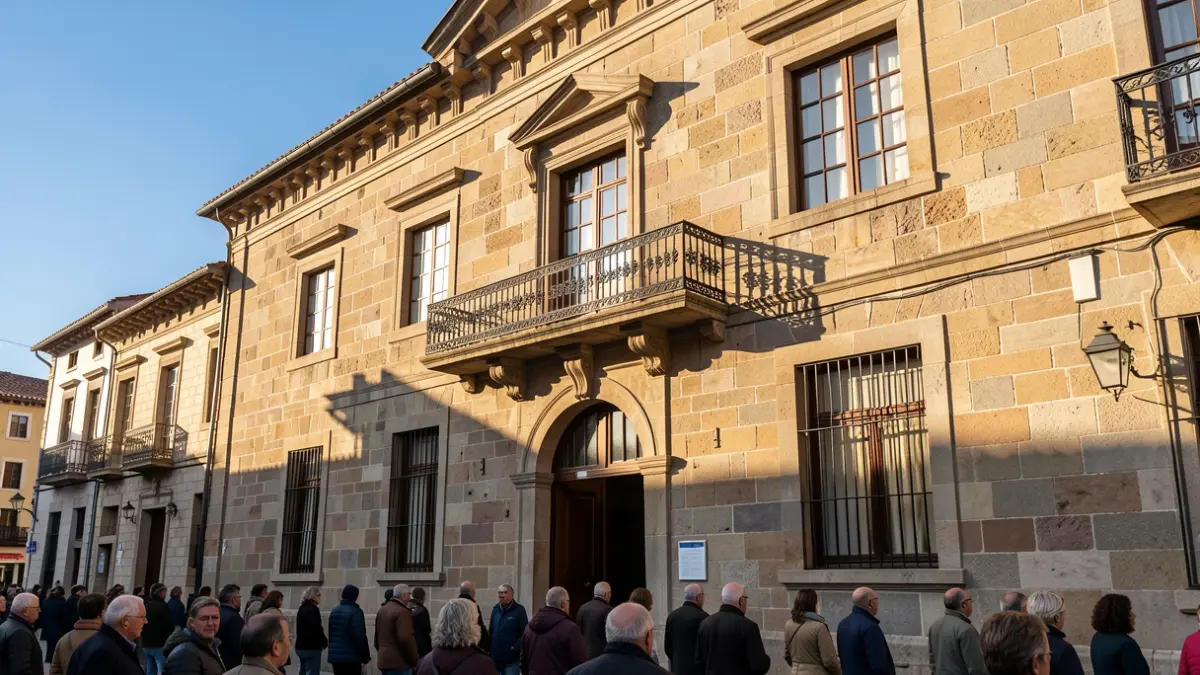 Imaxe xenérica da fachada de pedra dun concello galego con balcón de ferro.