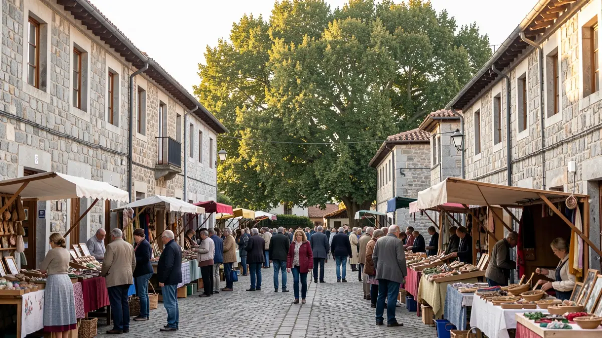 Imaxe dunha feira de artesanía nunha vila galega con souto.