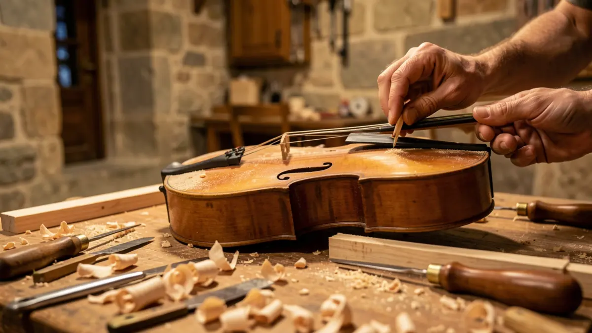 Primer plano de un laúd o violín de madera tradicional siendo fabricado a mano, con herramientas y materiales de madera sobre un banco de trabajo, arquitectura gallega al fondo.