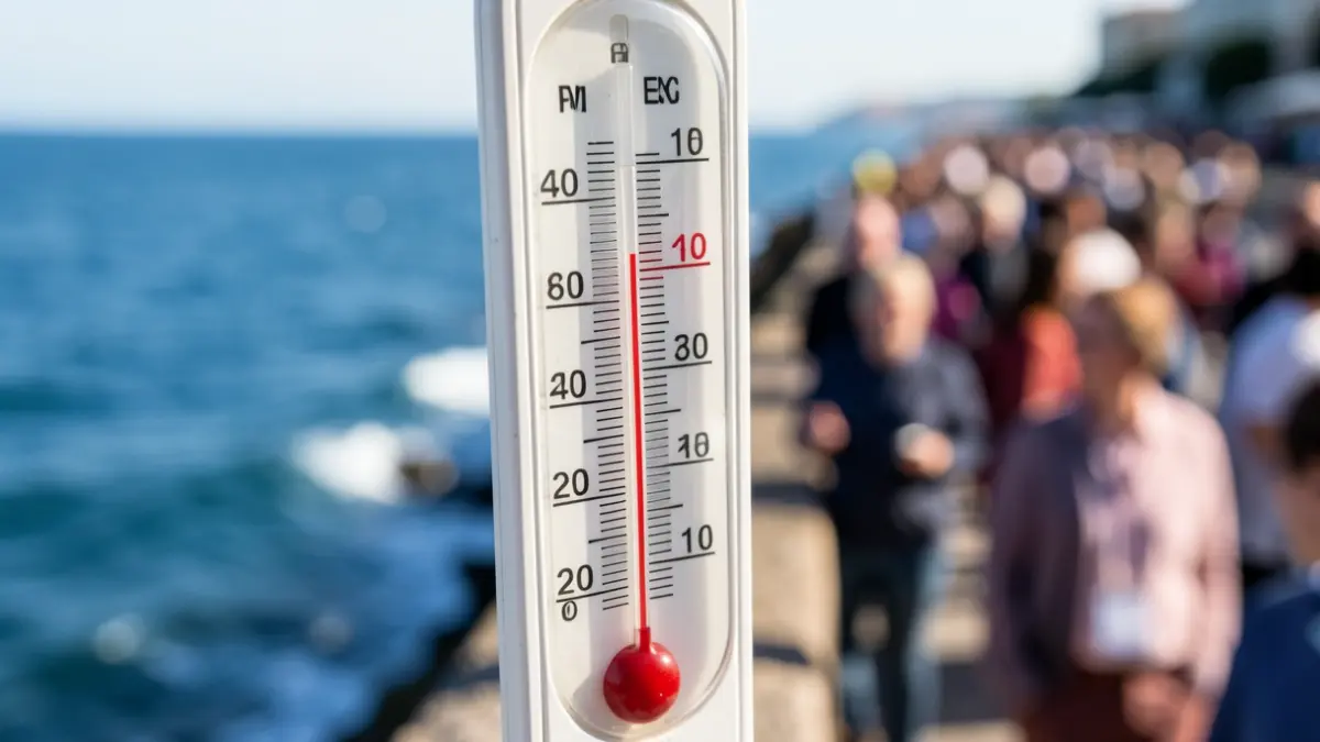 Imaxe xenérica dun termómetro mostrando unha temperatura alta con auga azul borrosa ao fondo.