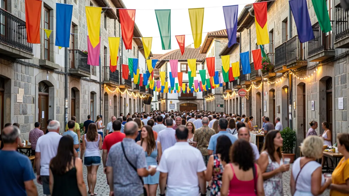 Imaxe xenérica dunha rúa galega festiva con xente e luces.