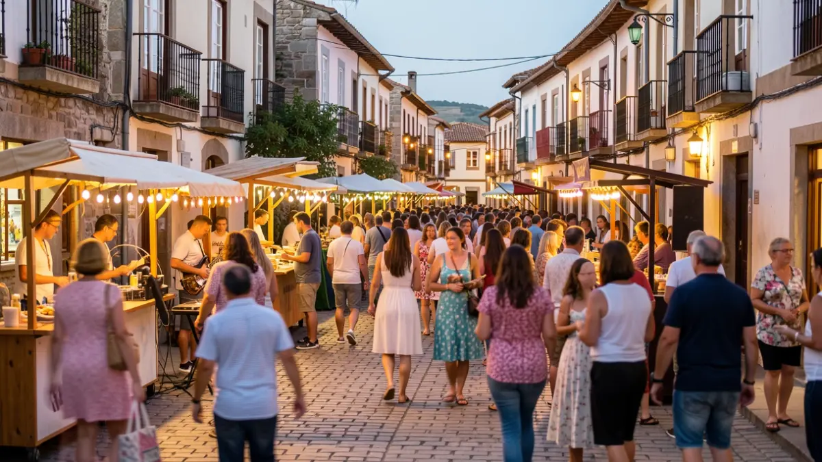 Imaxe xenérica dunha rúa festiva en Galicia con xente e postos.