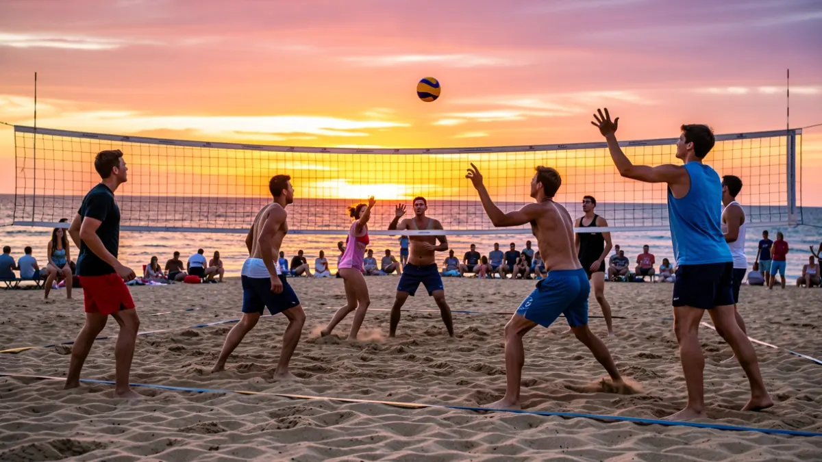 Imaxe xenérica de mozos e mozas xogando ao volei praia nunha praia galega ao atardecer.